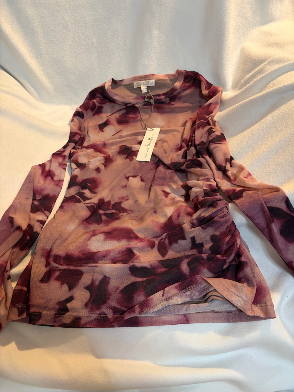 nine britton Long Sleeve Sheer Floral Top in Mauve and Plum